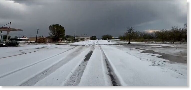 In this screen grab from a video, an accumulation of hail is shown in Marathon, Texas, on May 29, 2024.