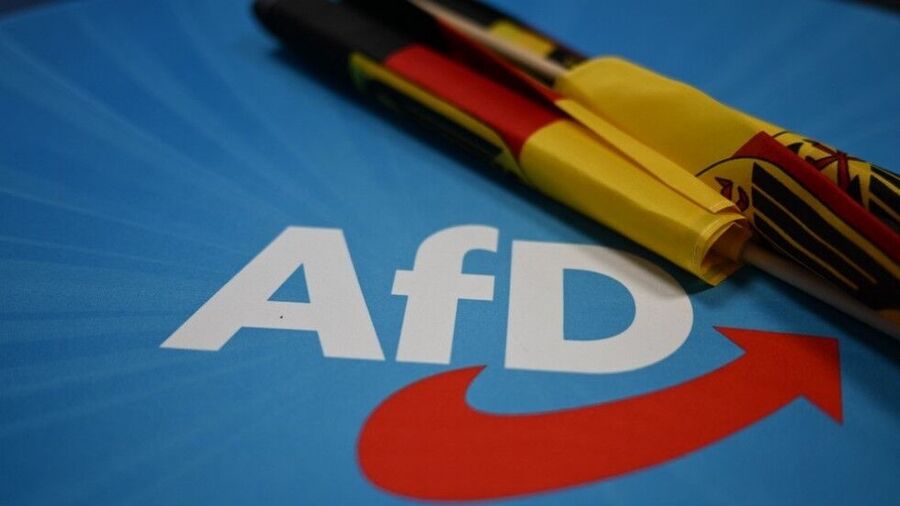 German flags lie on a table at an election-night event organized by Alternative for Germany )AfD) in Berlin, Germany, June 9, 2024