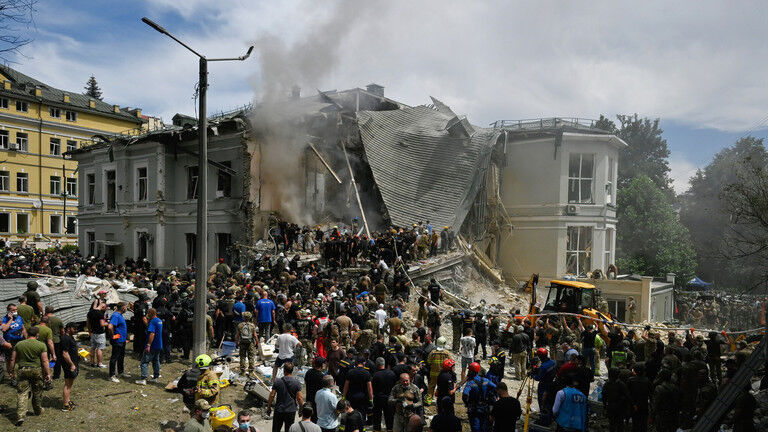 Destroyed building of the Okhmatdet children's hospital in Kiev
