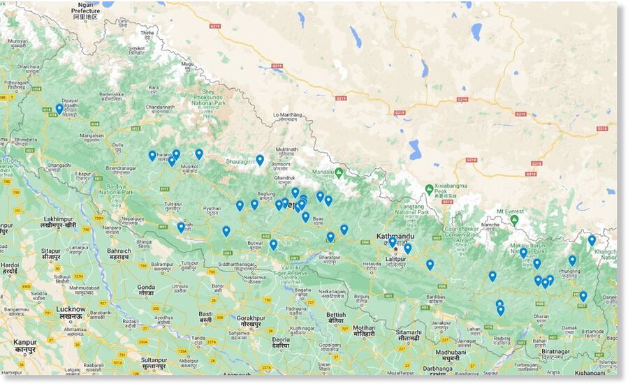 Click to enlarge The distribution of fatal landslides in Nepal in 2024 to 17 July.