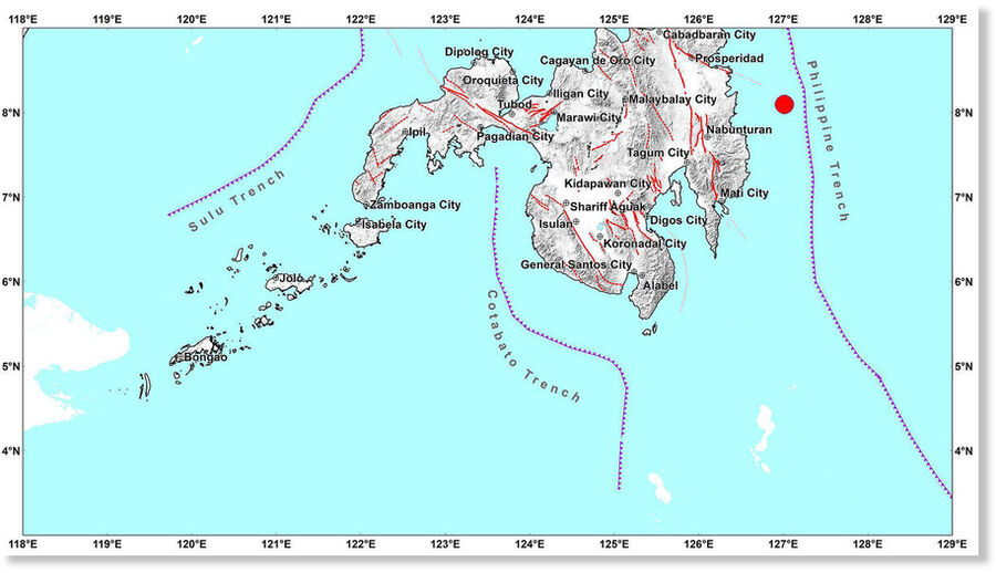 Illustration map issued by the Philippine Institute of Volcanology and Seismology showing the epicenter of Saturday's earthquake of Mindanao island.
