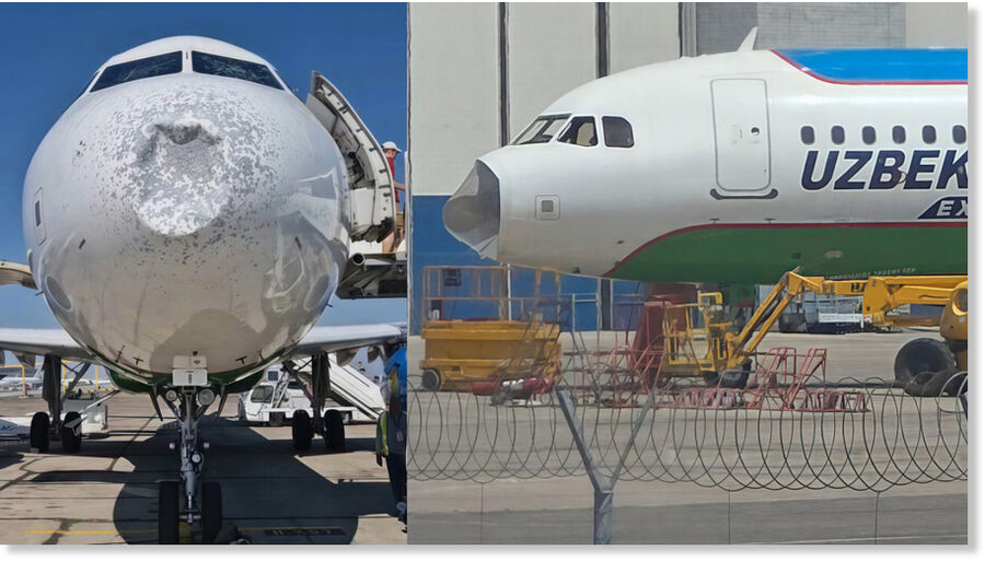Photos of an Uzbekistan Airways plane with damage to its nose section circulated on social media.