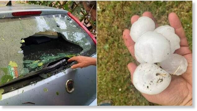 hailstones as big as walnuts, trees fall on the road on cars