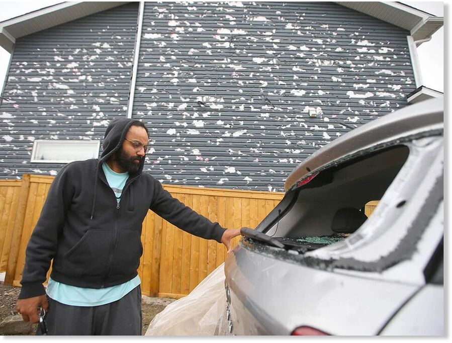 Click to enlarge Harsimran Singh inspects hail damage
