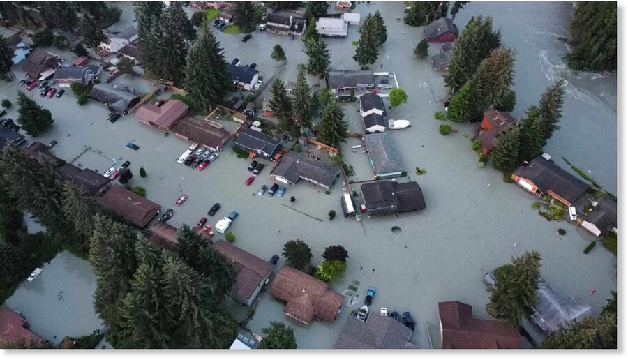 A drone image shows widespread flooding in the Mendenhall Valley on Tuesday morning.