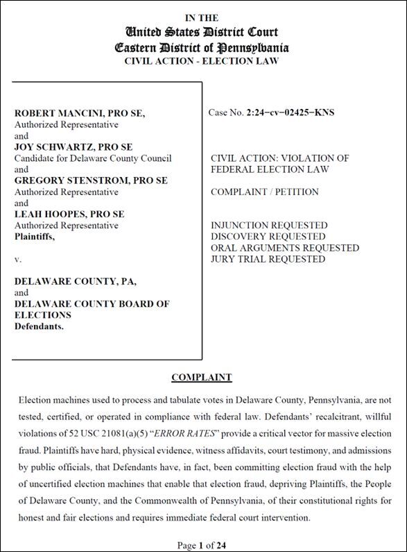 Mancini, Stenstrom, et al v Delaware County et al – Violation of Federal Election Law – Error Rates
