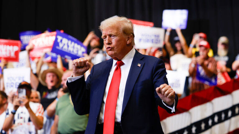 Click to enlarge Republican presidential nominee, former US President Donald Trump holds a rally at Montana State University on August 9, 2024