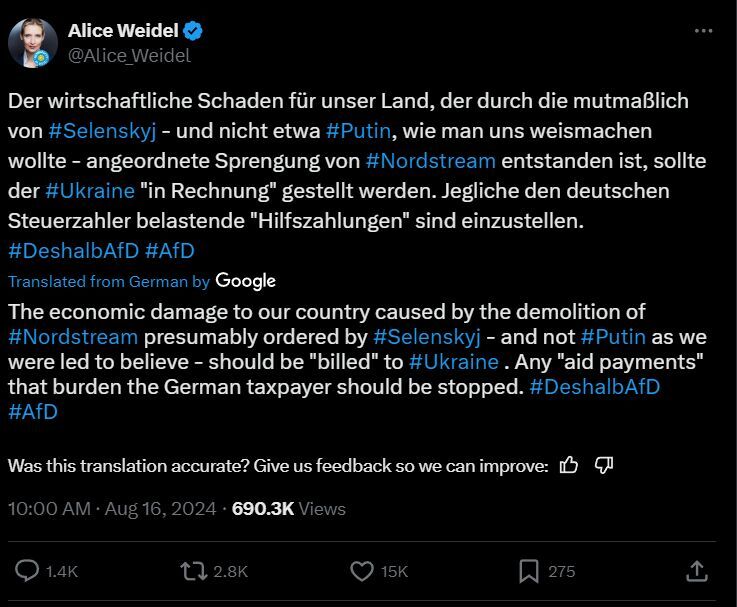 Alice Weidel on Nord Stream