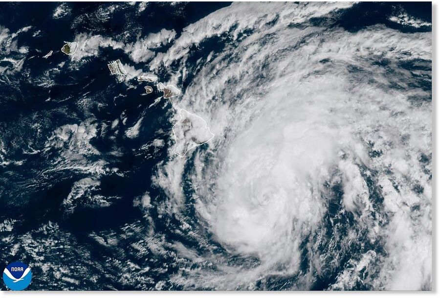 An image provided by the National Oceanic and Atmospheric Administration shows Tropical Storm Hone as it continues to track to the west toward the Hawaiian Islands, Saturday, Aug. 24, 2024