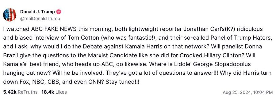 Click to enlarge trump truth social post kamala harris debate