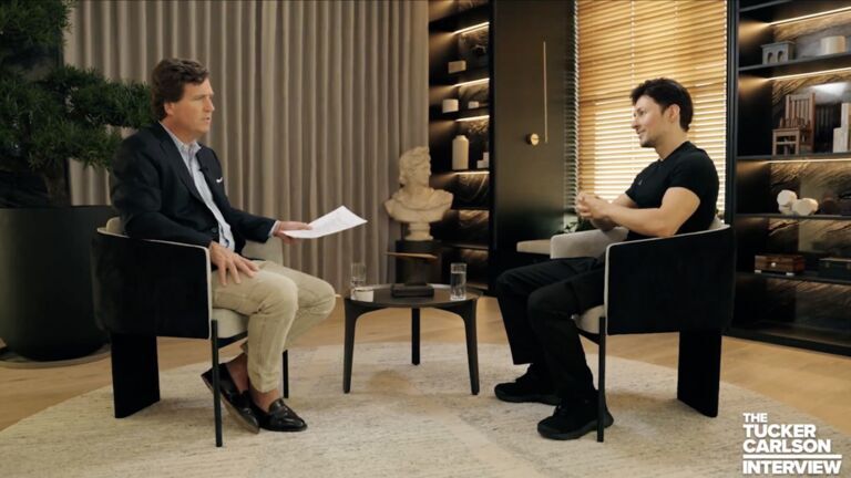 Click to enlarge Pavel Durov during an interview with Tucker Carlson on April 16, 2024
