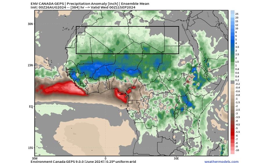The rainfall anomaly forecast shows that a large part of the Saharan desert will experience a widespread rainfall anomaly in the next two weeks and likely beyond.
