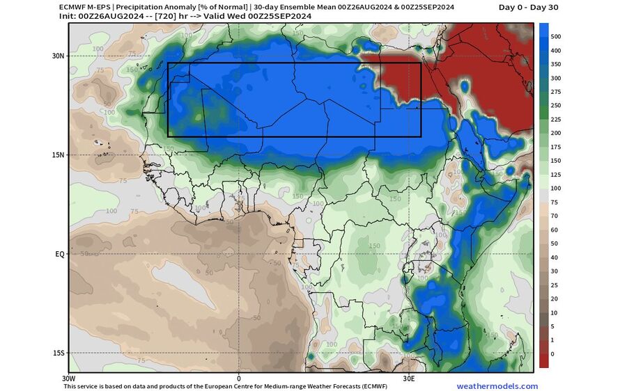 ECMWF extended precipitation anomaly for deeper September