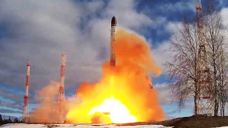 FILE PHOTO: A test-launch of the Russian Sarmat intercontinental ballistic missile.
