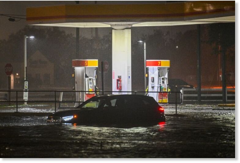 A car is stranded after Hurricane Milton