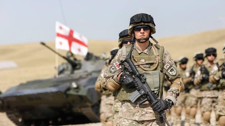 Click to enlarge Soldiers seen during the closing ceremony of Multinational Exercise Noble Partner 2020 at the Vaziani Military Base in Tbilisi, Georgia.