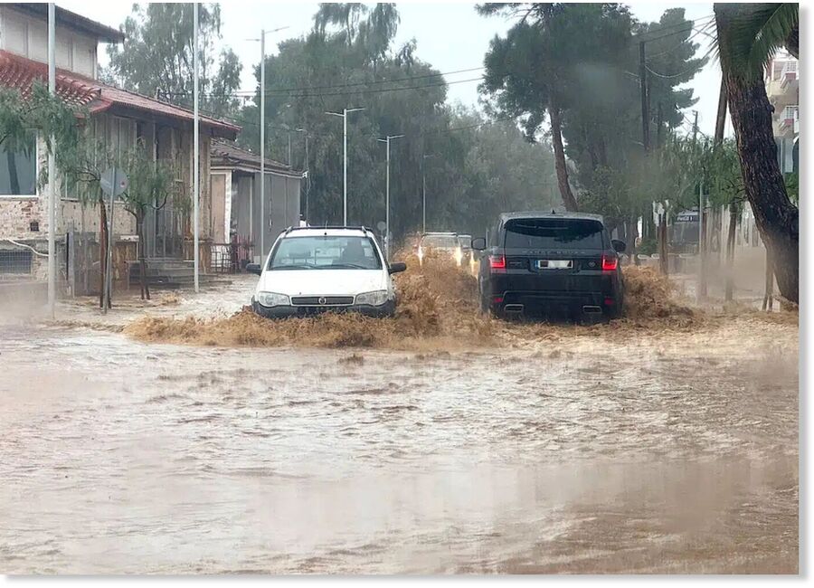 The heavy rains flooded many roads in northern Evia.
