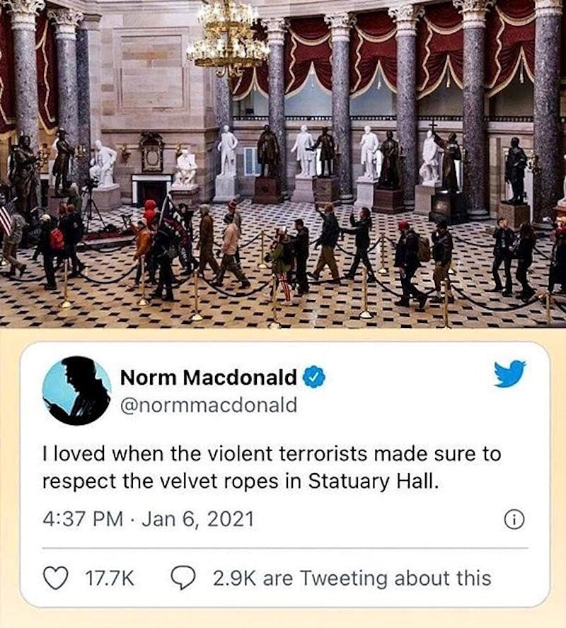 Jan 6 capitol riot tweet norm macdonald protesters peaceful velvet ropes orderly