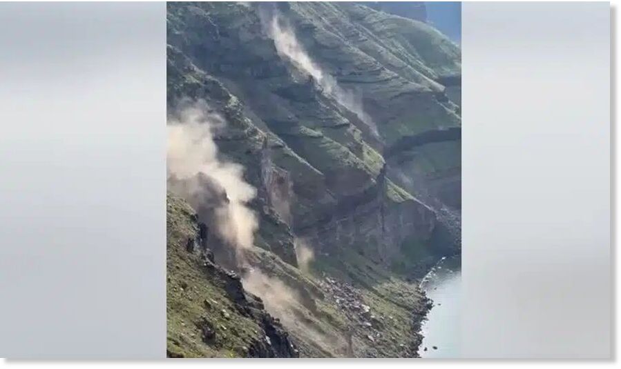 The stark image captures the raw power of nature unleashed on the idyllic landscape of Santorini. Credit: Video screenshot, Facebook/Ermoupolis Meteorological news A video capturing landslides
