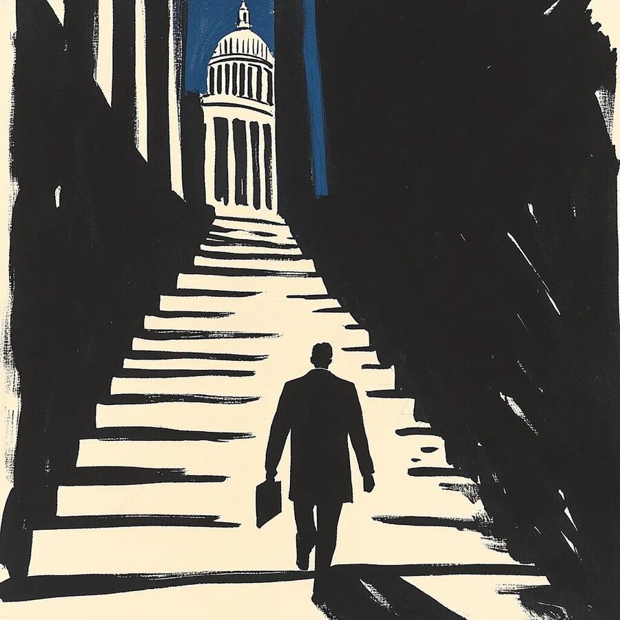graphic man stairs capitol building doge