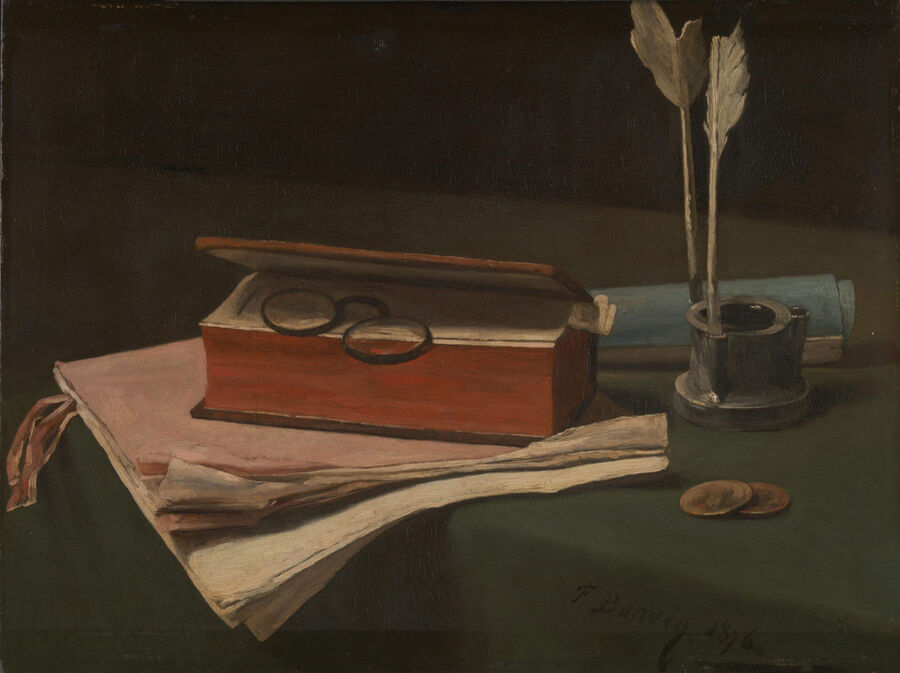 still life desk glasses 1876 inkwell