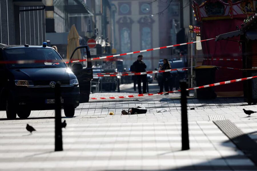 Click to enlarge Police secure the area after a car drove into a crowd, in Mannheim, Germany, March 3, 2025.