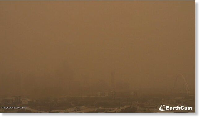 A view of the Dallas skyline on Tuesday afternoon as a dust storm raced across Texas.