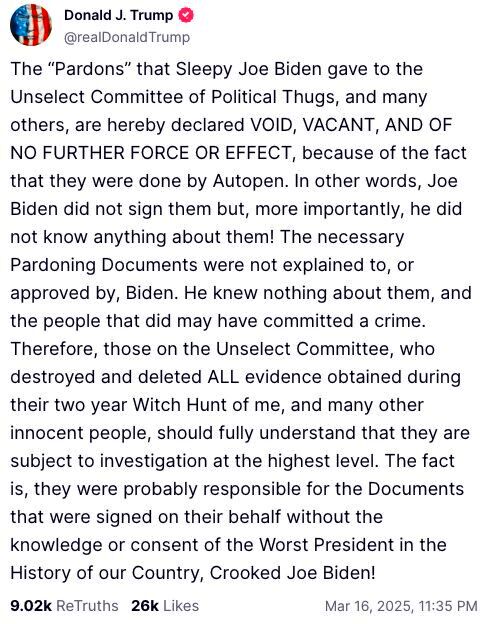 trump truth social autopen pardons biden