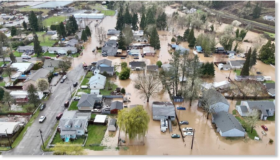 Aerial shot of flooding in Drain, Ore., on March 16, 2025.