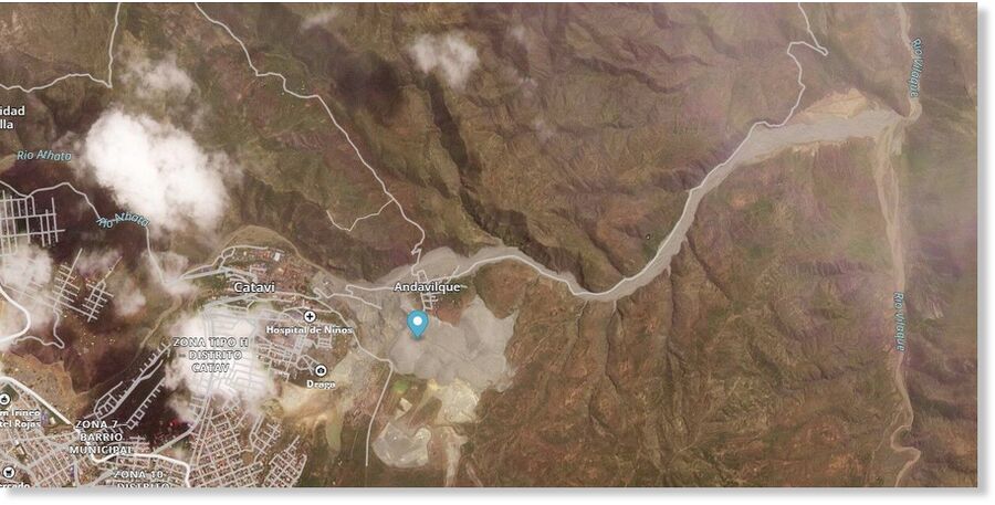 Click to enlarge Satellite image of the aftermath of the 16 March 2025 tailings landslide at Andavilque in Bolivia. Image copyright Planet, used with permission.