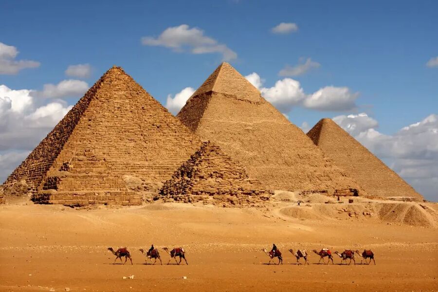 The Pyramids of Giza complex outside Cairo, Egypt.