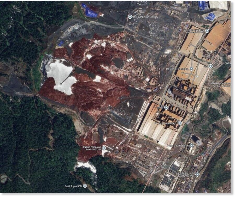 Click to enlarge Google Maps image of the possible location of the 22 March 2025 tailings landslide at Fatufia in Indonesia. Image captured in January 2025.