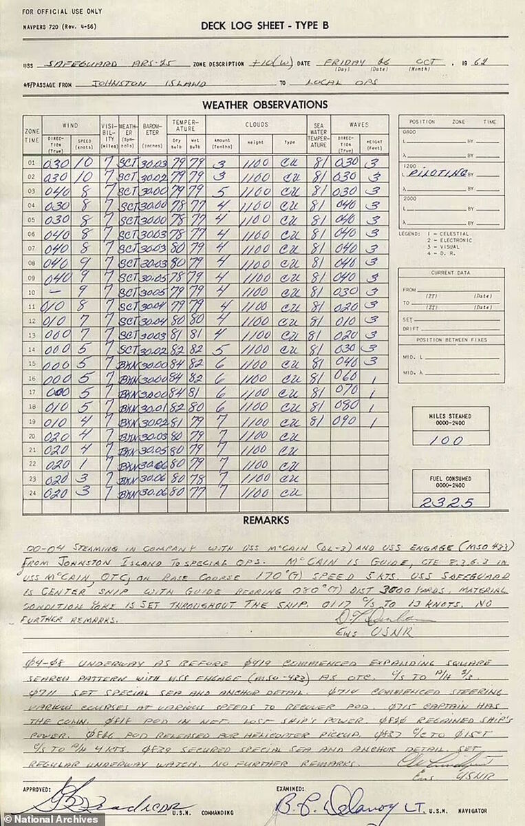 Click to enlarge navy deck log ufo shot don 1962 missile test