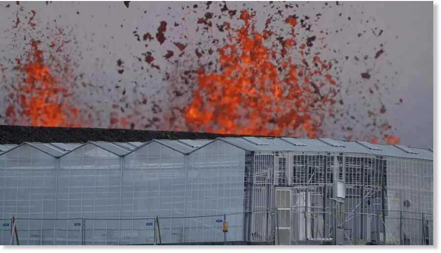 Flames and molten lava can be seen from a greenhouse on the outskirts of the nearby fishing town