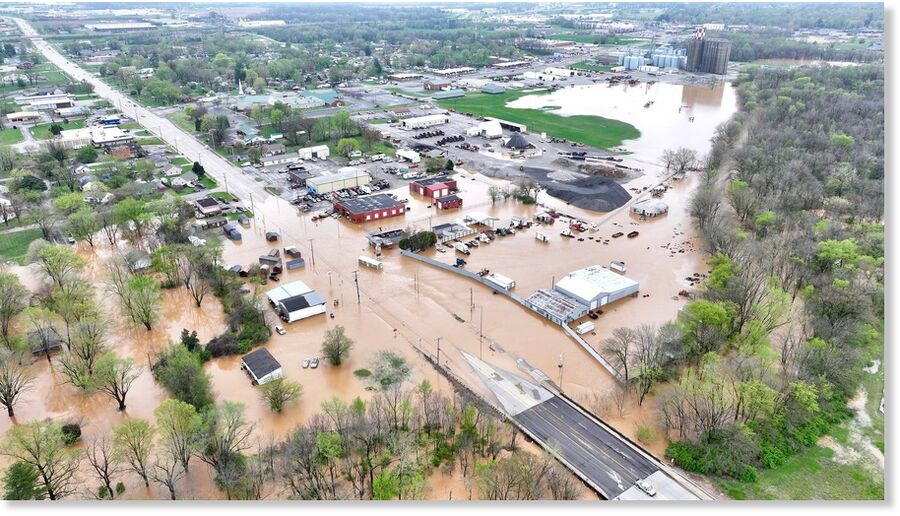 Aerial footage of flooding in Hopkinsville, Kentucky on April 4, 2025.