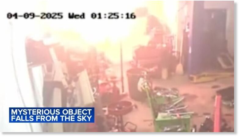The moment the object smashed through the roof was captured on surveillence footage.