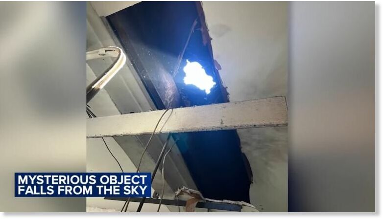 Click to enlarge A New Jersey auto body shop owner was left stunned after a mystery object crashed through the roof of his business.