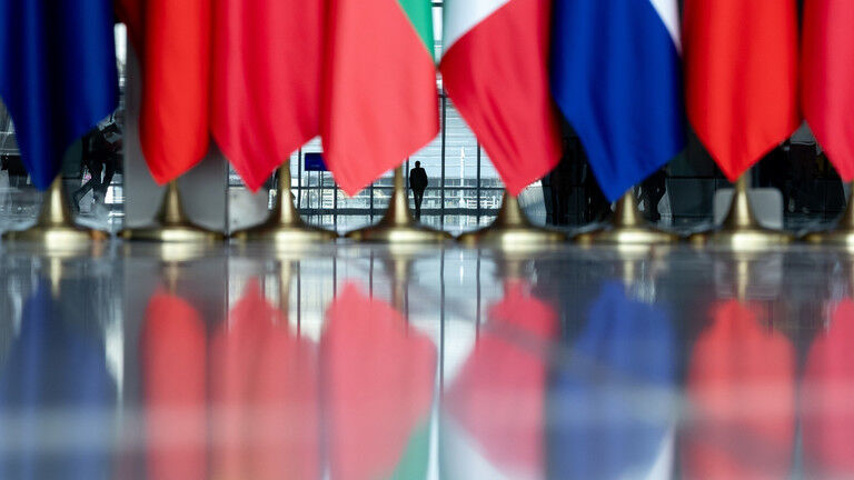 Click to enlarge Flags hoisted at the NATO HQ during a meeting of defense ministers from the so-called coalition of the willing in Brussels, Belgium on April 10, 2025.
