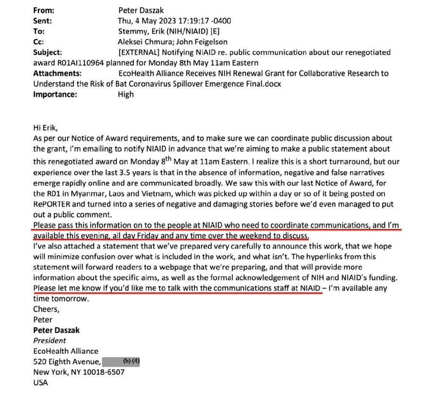 Click to enlarge internal email daszak ecohealth gain of function covid NIH