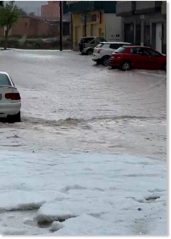 Scarcely believable footage showed how vehicles sustained damage from the hail as others became stuck amid ice floes several inches thick in Villar del Arzobispo, with residents powerless to free them