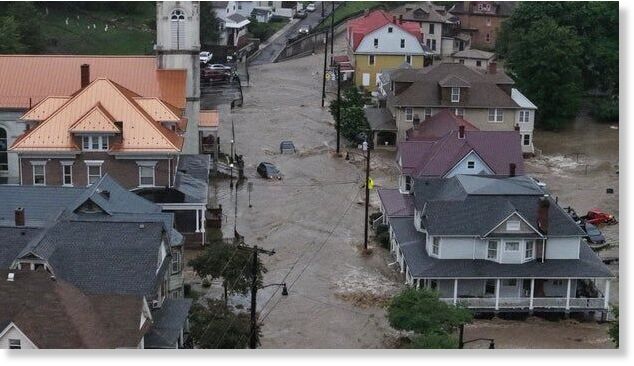 An aerial photo shows the flooded downtown area of Westernport, Maryland, May 13, 2025.