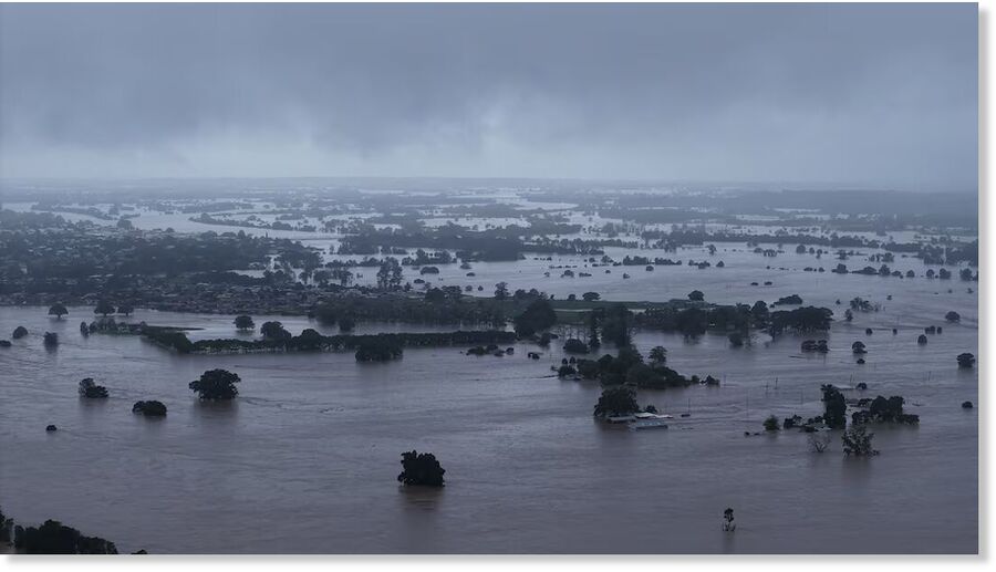 A drone view shows a flooded area following heavy rains, in Tinonee, New South Wales, Australia May 21, 2025.