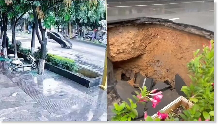 Click to enlarge A car in China narrowly avoided disaster when a section of the road suddenly collapsed, creating a large sinkhole.
