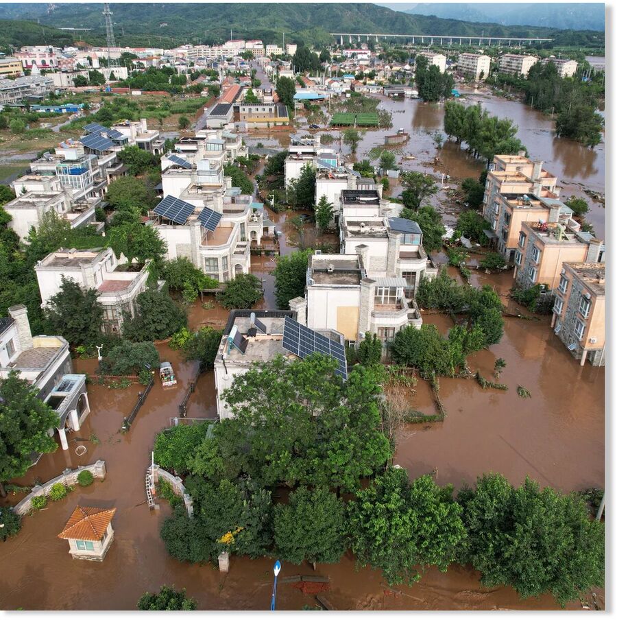 An aerial view shows submerged