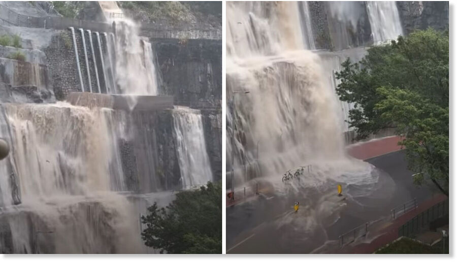 Screenshots from a video show a waterfall cascading down Yiu Hing Road