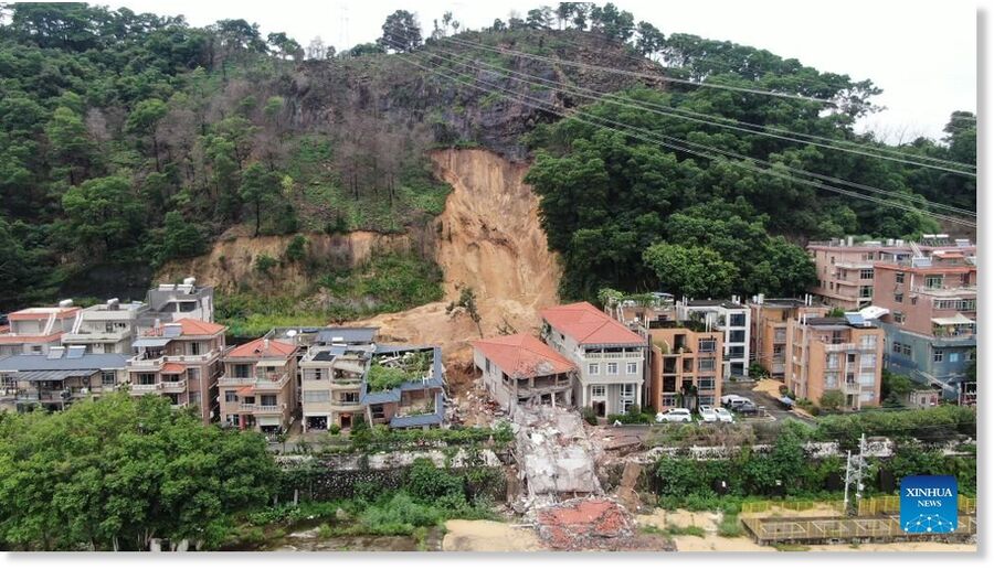 Click to enlarge This aerial drone photo taken on Aug 6, 2025, shows the site of a rain-triggered landslide at Dayuan village, Baiyun district of Guangzhou, South China's Guangdong province.