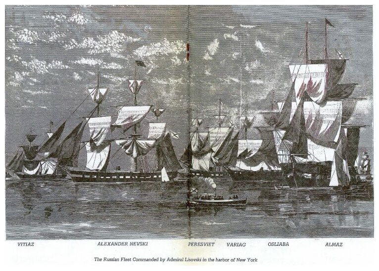Click to enlarge Russian fleet in New York Harbor, 1863.