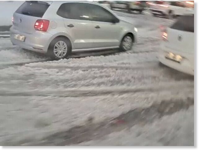 Click to enlarge Thick hail on the N4 near Wonderfontein yesterday evening.