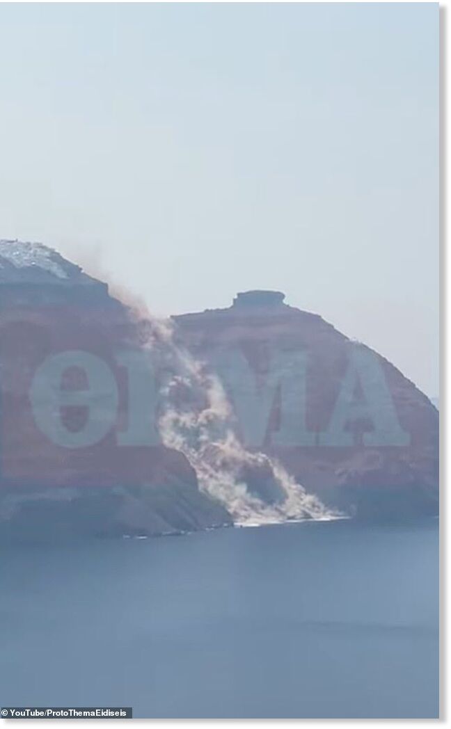 Click to enlarge A huge section of land suddenly gave way in the clifftop village of Imerovigli on Sunday afternoon after intense construction activity made the ground unstable