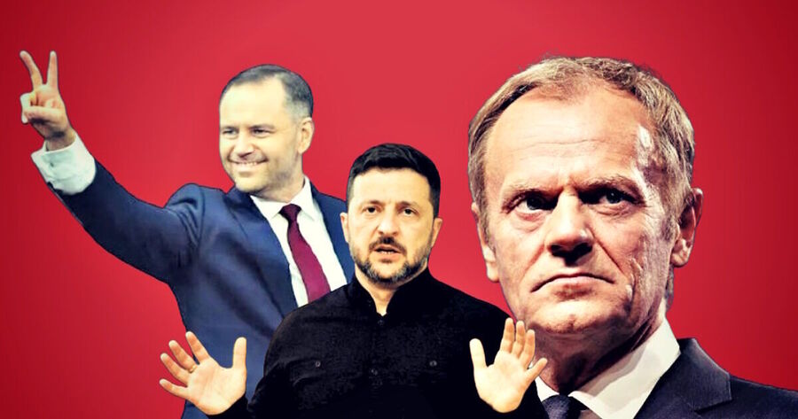 Click to enlarge Polish president Karol Nawrocki (left) and Prime Minister Donald Tusk, Ukrainian leader Volodymyr Zelensky